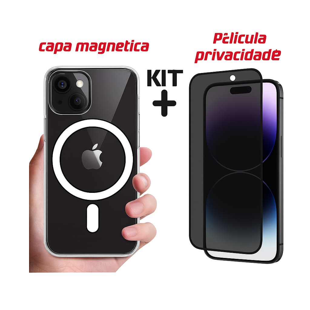 Capinha MagSafe Transparente Kit  + Película 3D Privacidade iPhone 15