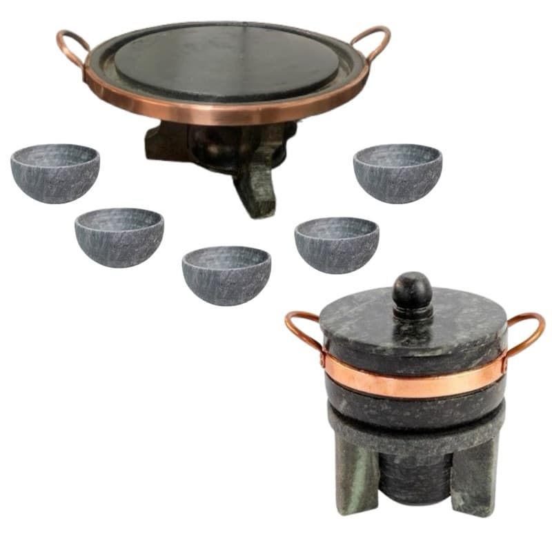 Kit Foundue Completo de Pedra Panela Grelha 2 Rechaud 5 Tigelas Òtimo Presente de Natal