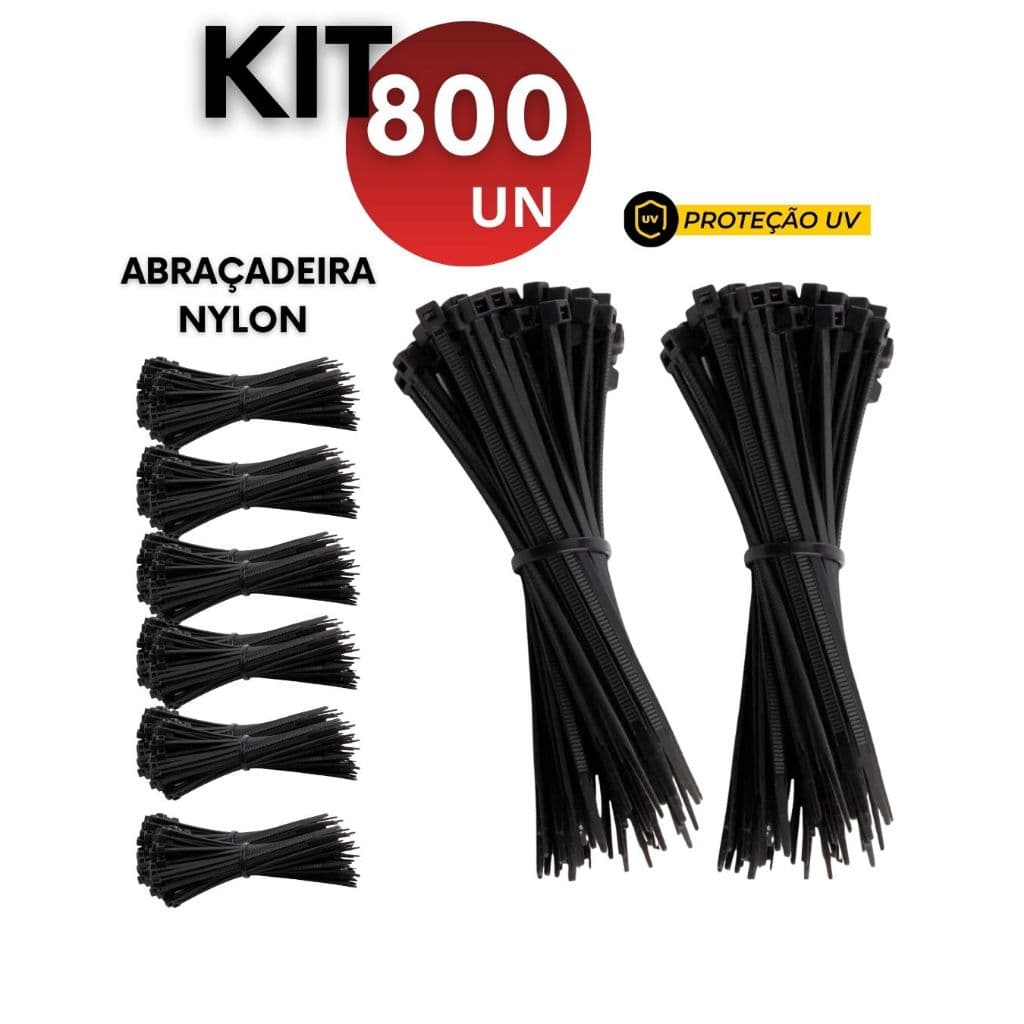 Kit 800 500 200 Abraçadeiras de Nylon Preta com Proteção UV 3.6mm x 250mm e 3,5mm x200mm Enforca Gato