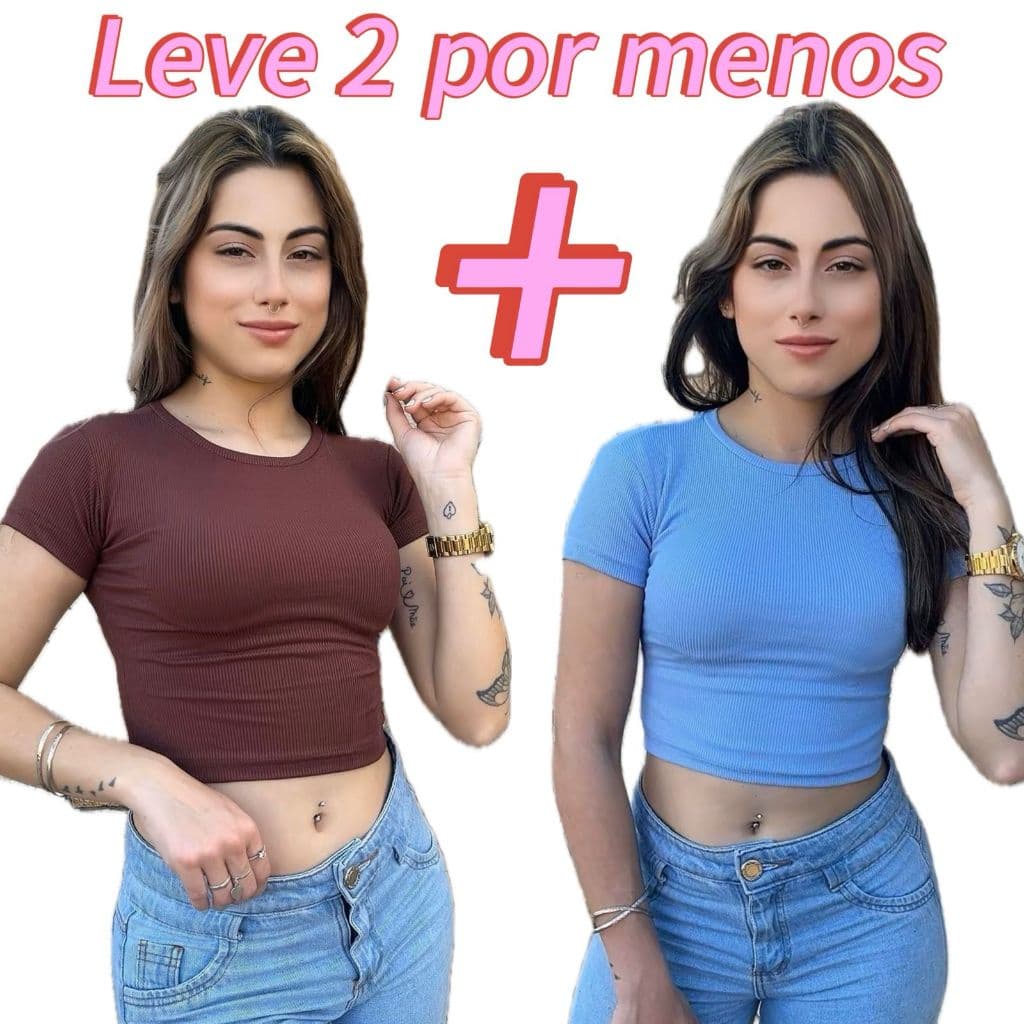 Kit 2 Croped Feminino Ribana Cropped Canelado Blusa Camiseta Básica Casual Blusinha para Dia Dia-  ref=03