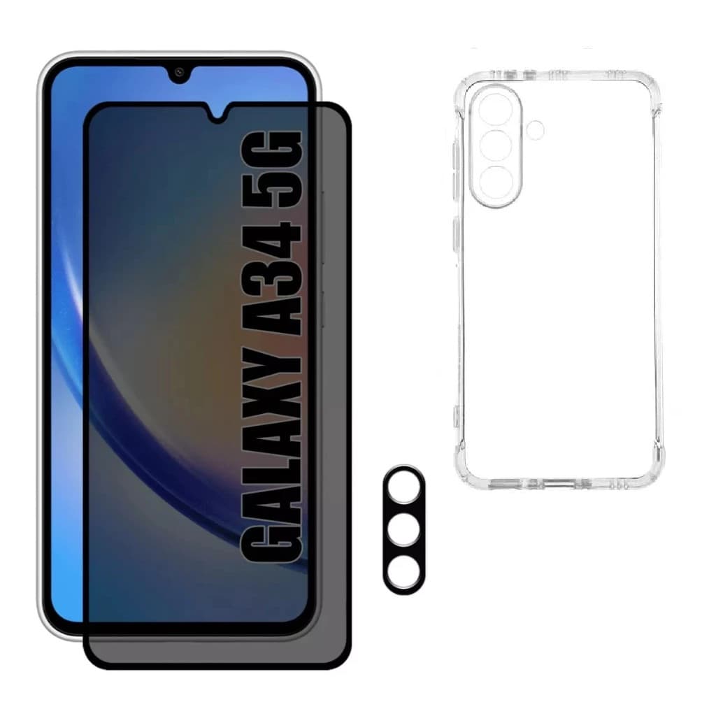 Kit de Proteção Galaxy A34 5G – Película de Privacidade 3D + Capa Anti-Impacto + Câmera 3D