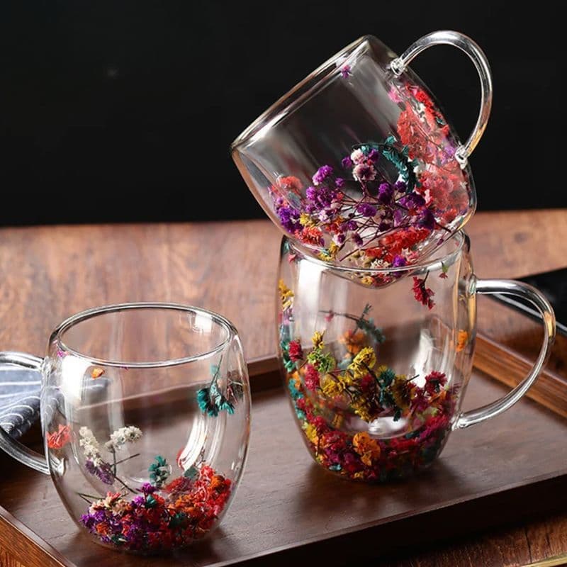 Xícara / Caneca De Vidro Parede Dupla Flores Secas Artificiais 350 ml