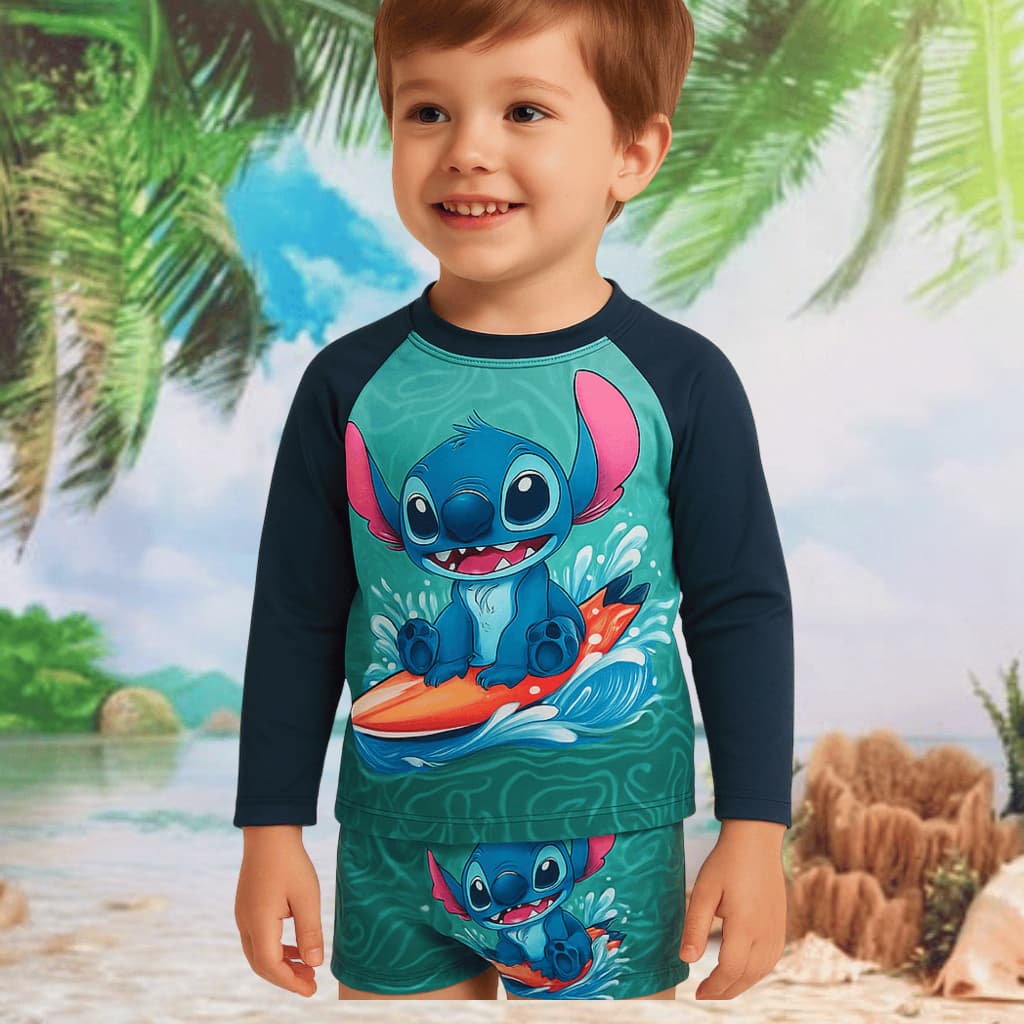 Conjunto Infantil Praia Piscina Camisa UV50+ e Cueca Sunga Box  Menino Stitch e mais Tamanhos 2 ao 8