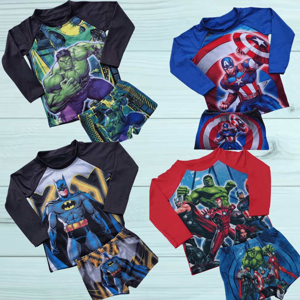 Conjunto Praia Piscina Infantil Camiseta com Proteção Solar UV + Sunga super heroi e mais