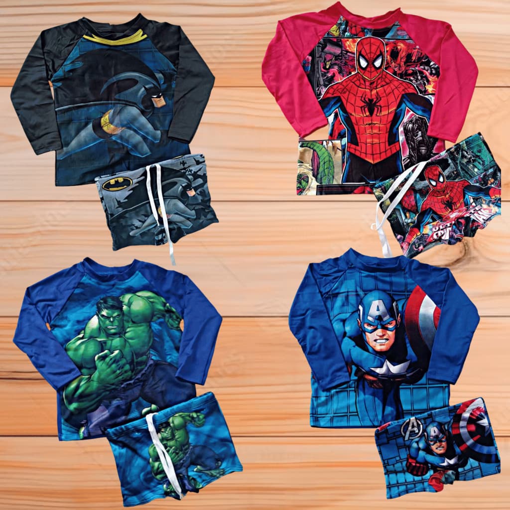 Conjunto Infantil Menino Roupas Praia Piscina Camiseta UV + Sunga forrado Tam 2-8 super heroi