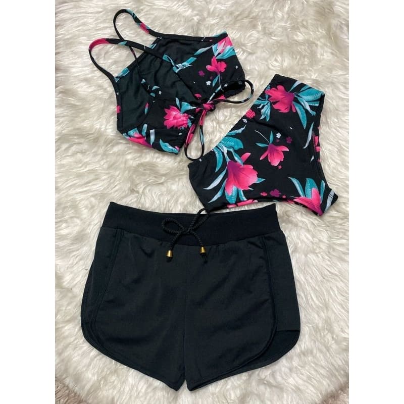 Conjunto CRUZADO Biquíni Cintura Alta + Short PRETO Saída de Praia 3 Peças  M AO G2 (TAMANHO 36 AO 56)