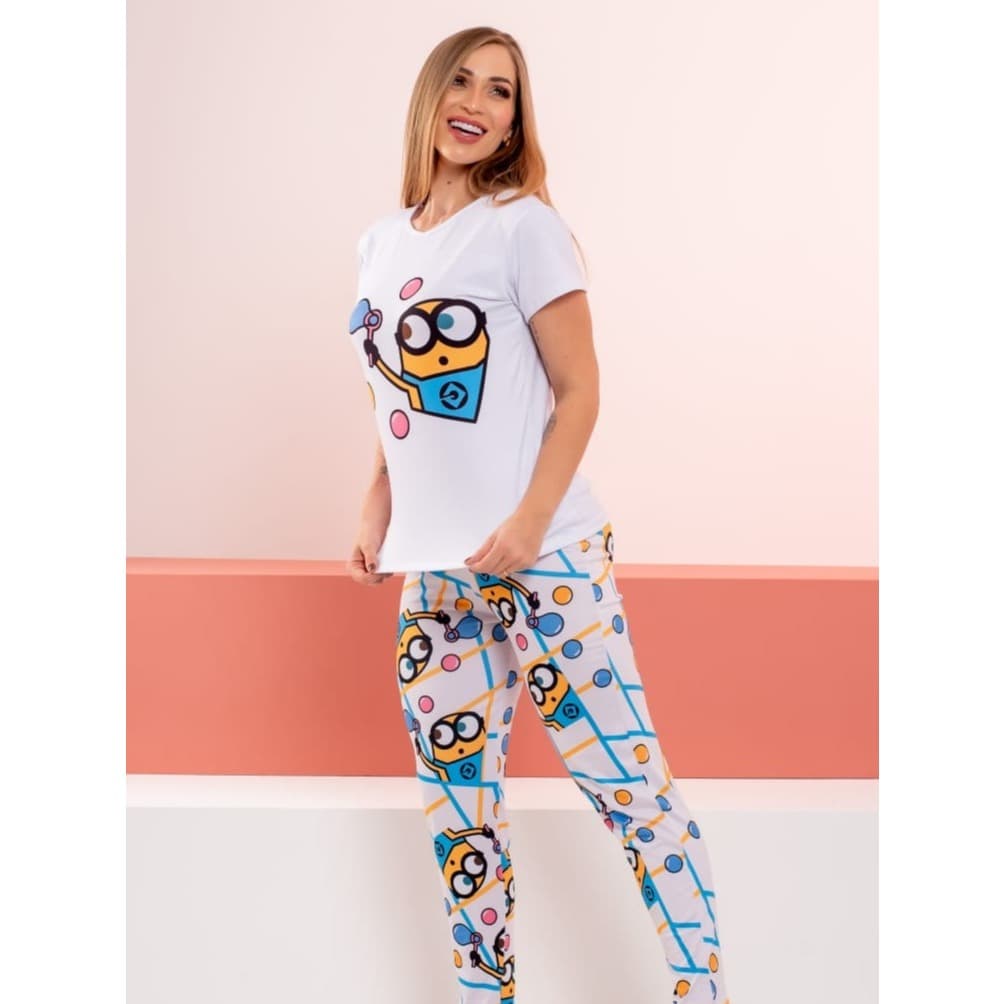 Pijama Feminino Camiseta Manga Curta Estampada Calça Comprida Personagem Divertido Suede LF060