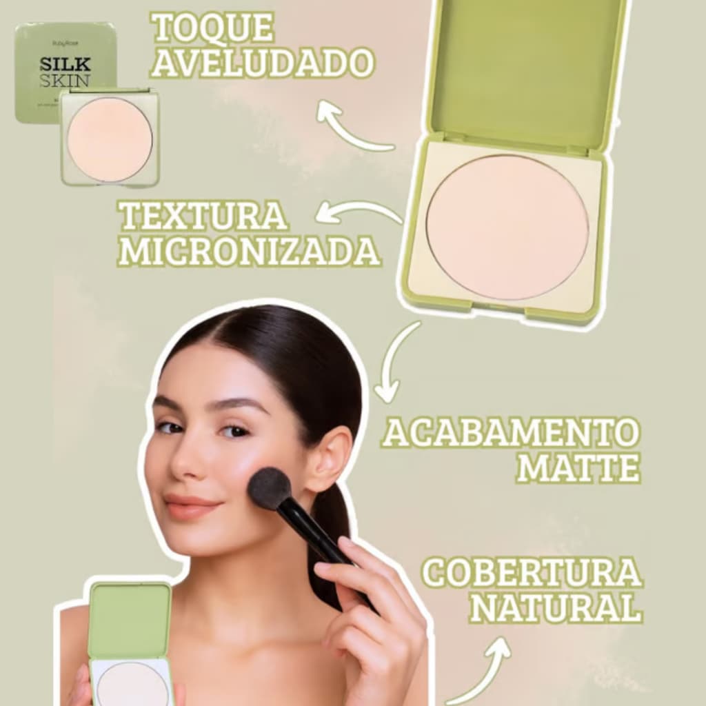 Pó Compacto Soft Finish Pó Aveludado de Acabamento Matte e Natural -  Linha Silk Skin de Ruby Rose