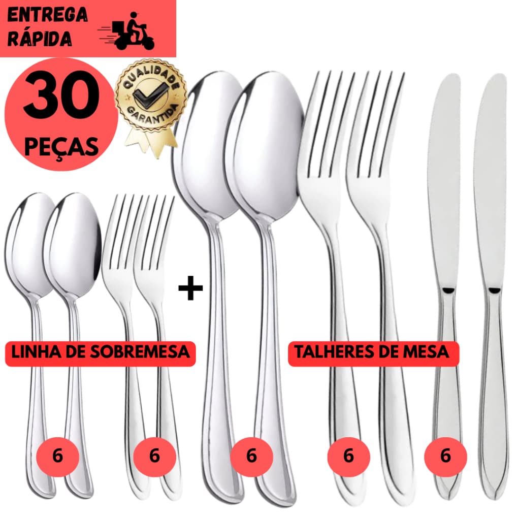 Kits 30/20 ou 15 Talheres Inox Completo Garfo Faca Colher Sobremesa Duráveis Refeições Buffet
