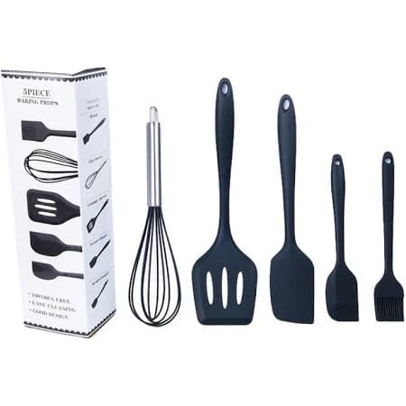 Kit Utensílios de Cozinha em Silicone Premium – Espumadeira, Concha, 3 Colheres e Pincel de Silicone