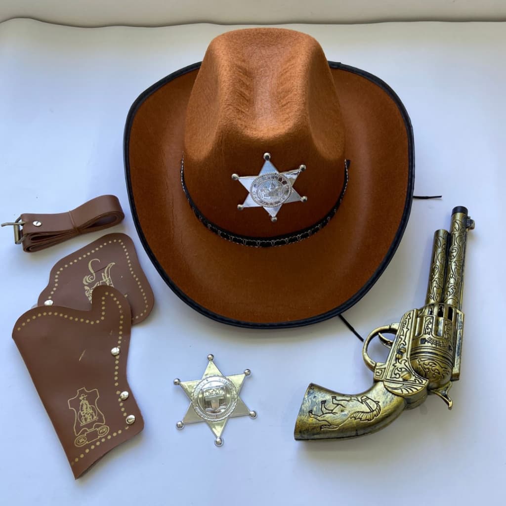 Kit Chapéu Xerife Para Festa Carnaval Fantasia Com 5 Peças Diversão Faroeste Velho Oeste