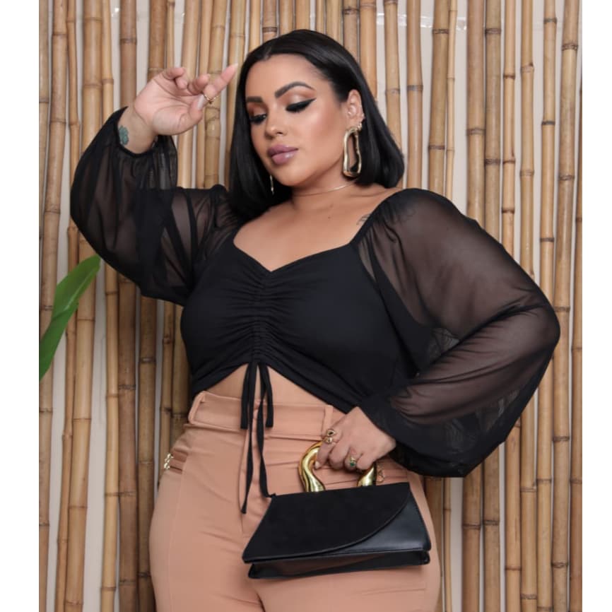 Blusa Tule Plus Size G1 48 50 Manga Bufante Com Bojo Forrada
