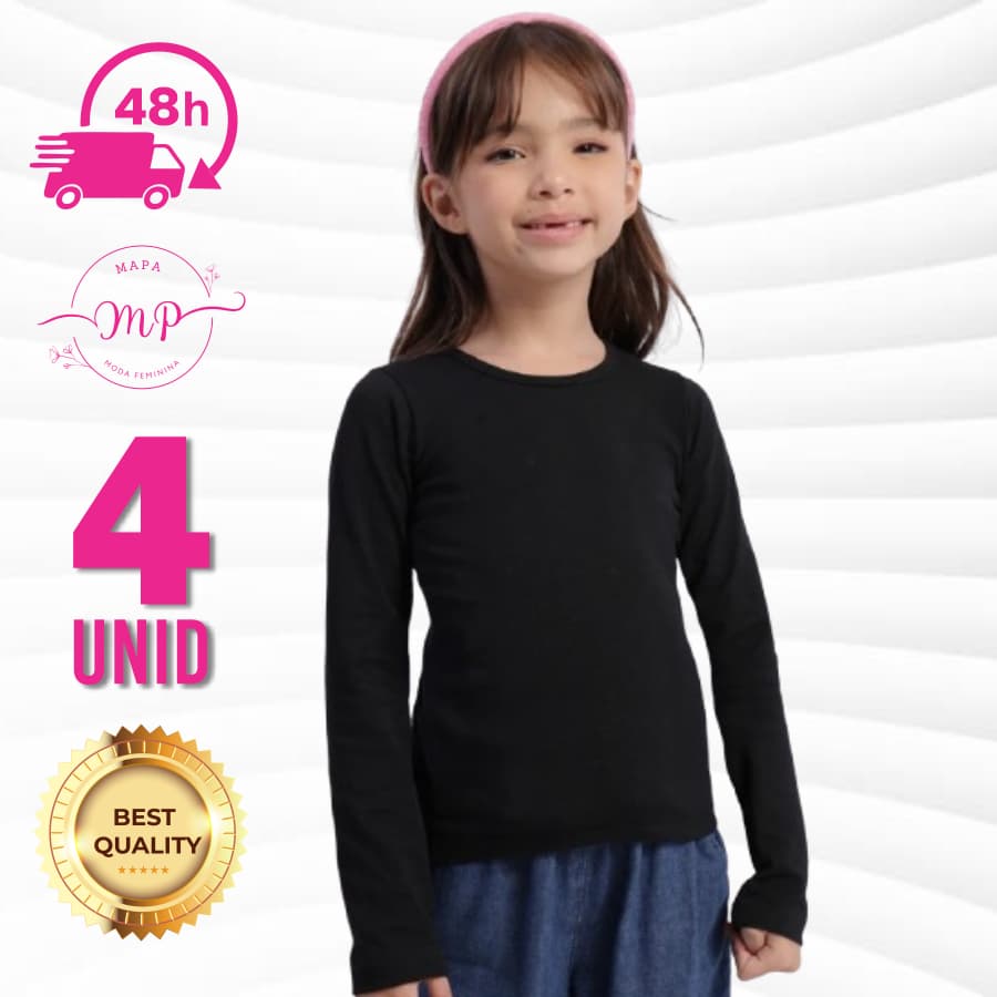 Kit 4 Blusa Infantil  Malha Canelada Manga Longa Juvenil Menina Inverno Tamanho 4 ao 12 Top Qualidade