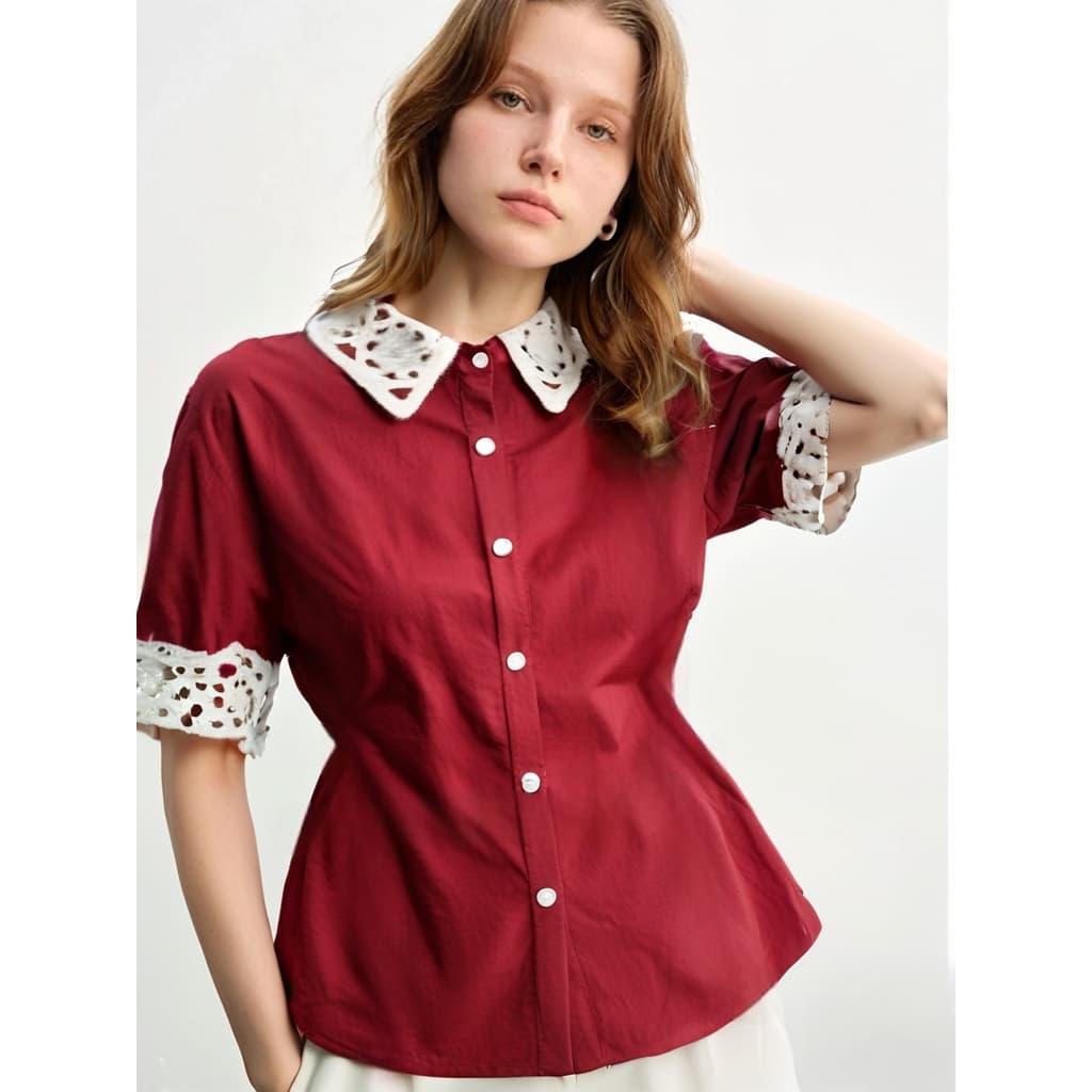 Estrela Fashion Blusa Manga Curta Colarinho em Renda Feminino 17-78
