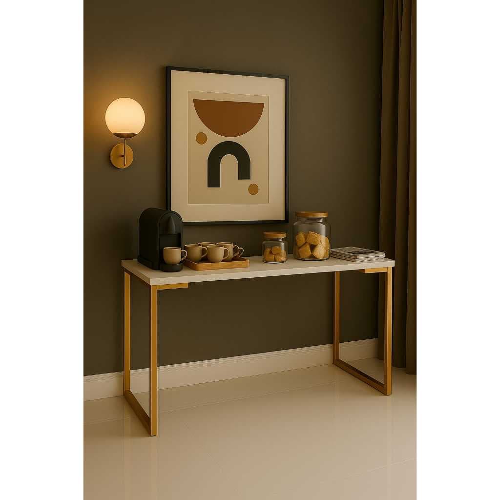 Aparador Buffet Industrial Dourado com Tampo Off White – Mesa Decorativa Sala e Café