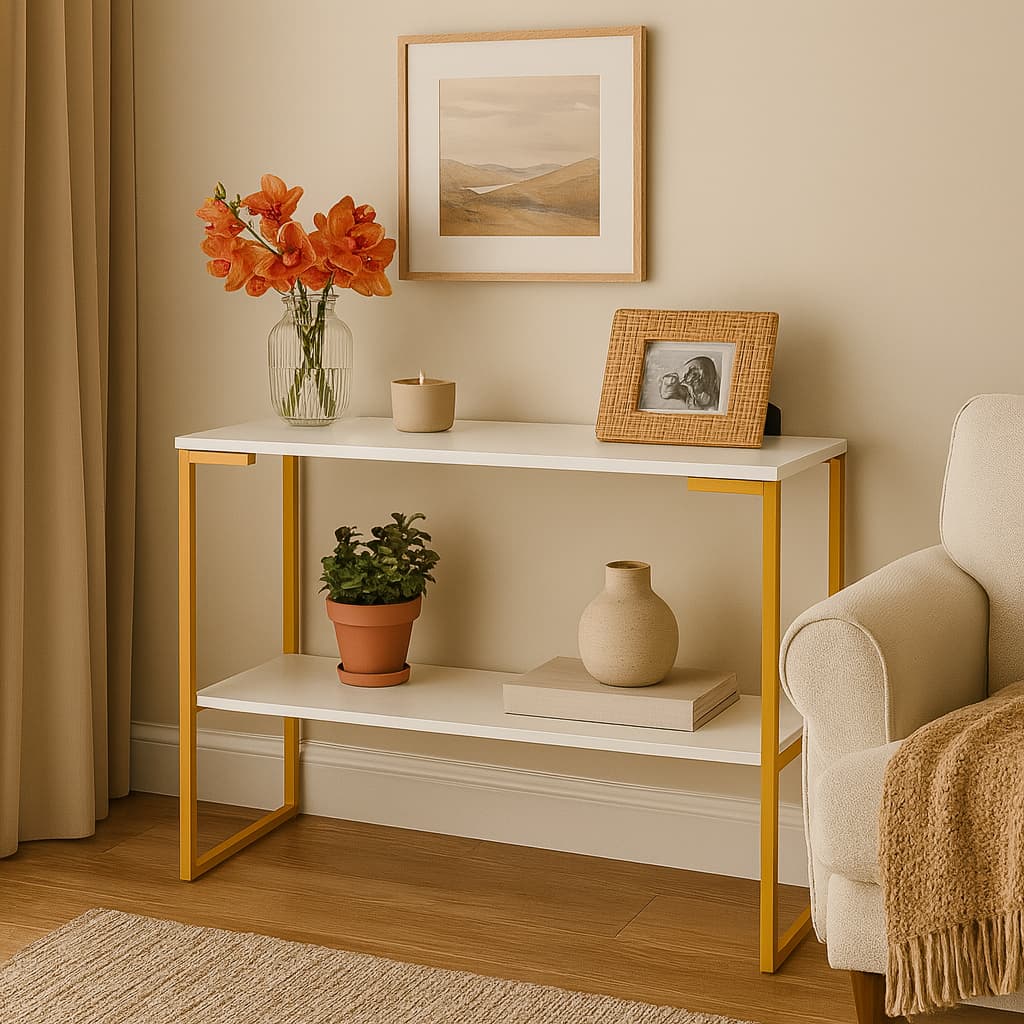 Mesa Aparador Industrial Off White e Dourado – Decoração Moderna para Sala