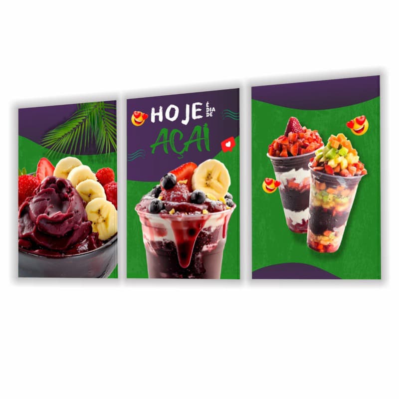 QUADROS DECORATIVOS AÇAI SORVETERIA COMIDA GELADO SORVETE DOCES LANCHONETE 3 PEÇAS DECORAÇÃO MDF