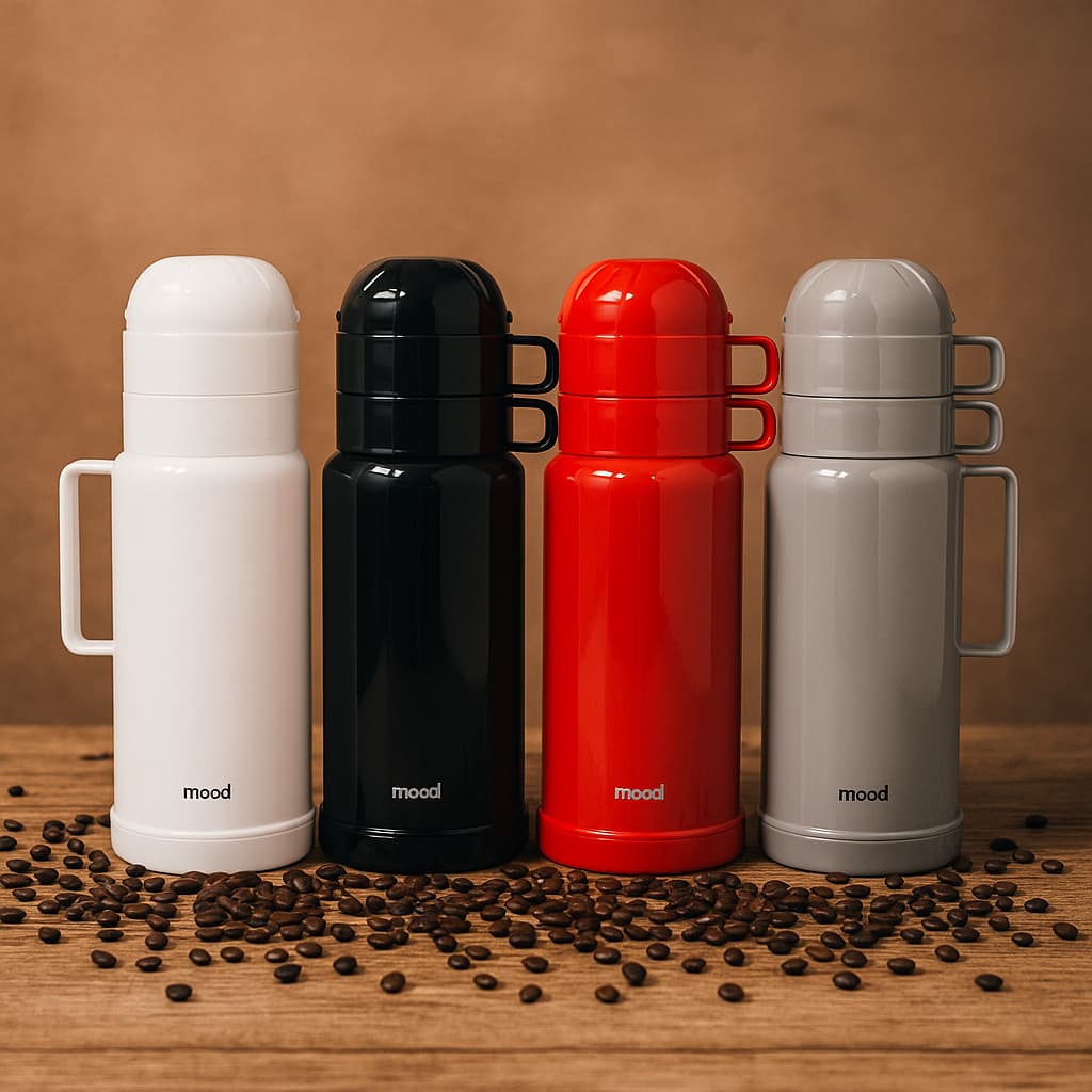 Garrafa Térmica Mood 1L Kit com 2 Xícaras Café Chá Bebida Quente Fria com Ampola de Vidro