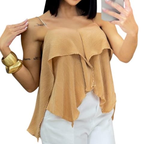 Blusa Femenina Regata com Detalhe de Babados Assimétrico Soltinho  Moda Social e Casual blackfriday*