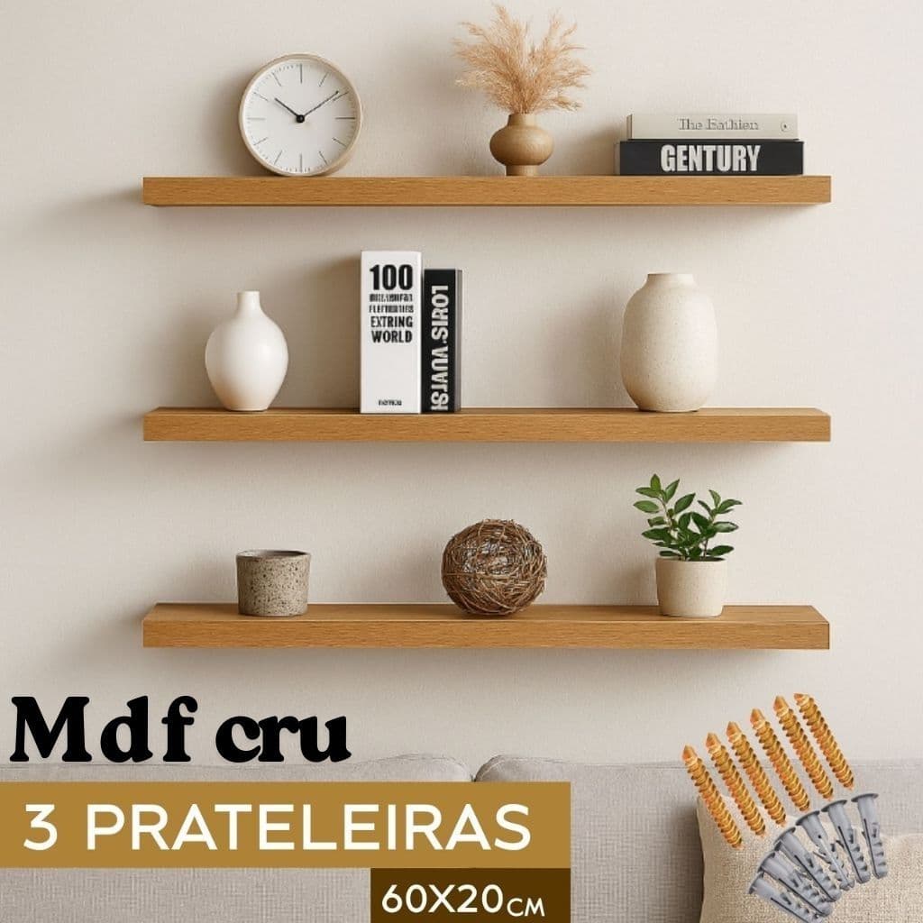 kit 3 Prateleira Em Mdf Cru 60x20cm porta livro para sala quarto ou diversos 100% mdf ENVIO IMEDIATO