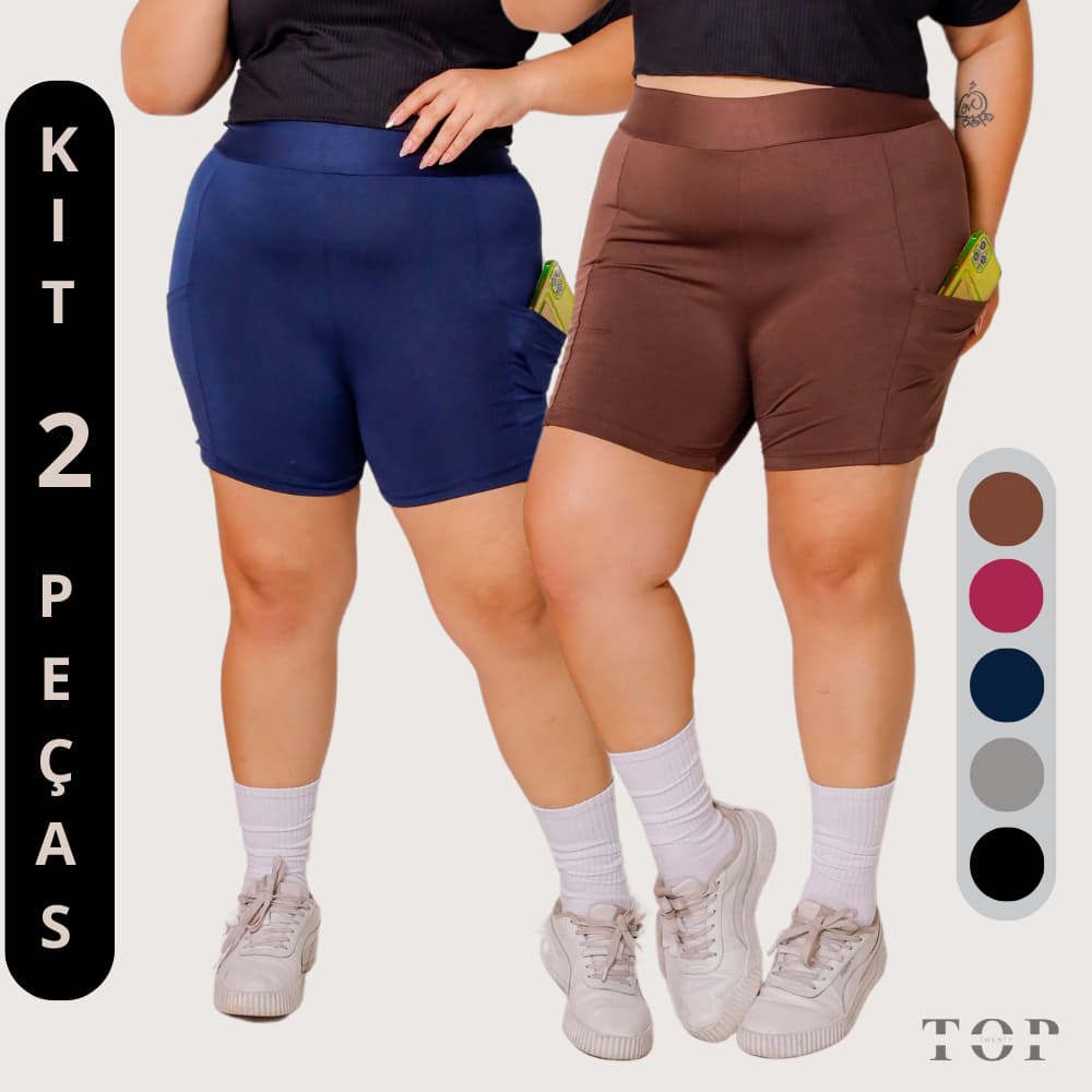 Kit 02 Shorts Plus Size Bermuda Academia Com Bolso Porta Celular Moda Plus Zero Transparencia