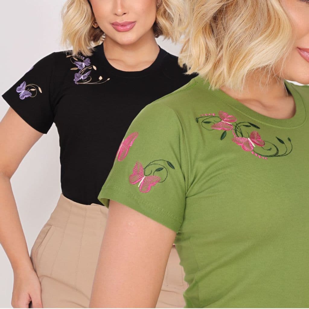 Kit 2 T`Shirt Feminina de Algodão Bordada Casual Camiseta Estilosa Gola Redonda
