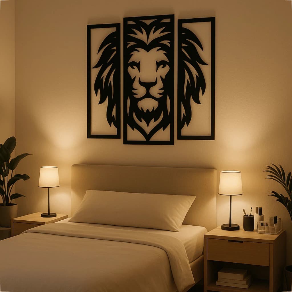 Quadro Decorativo Sala Leão Mdf Preto Vazado Decoração Para Quarto