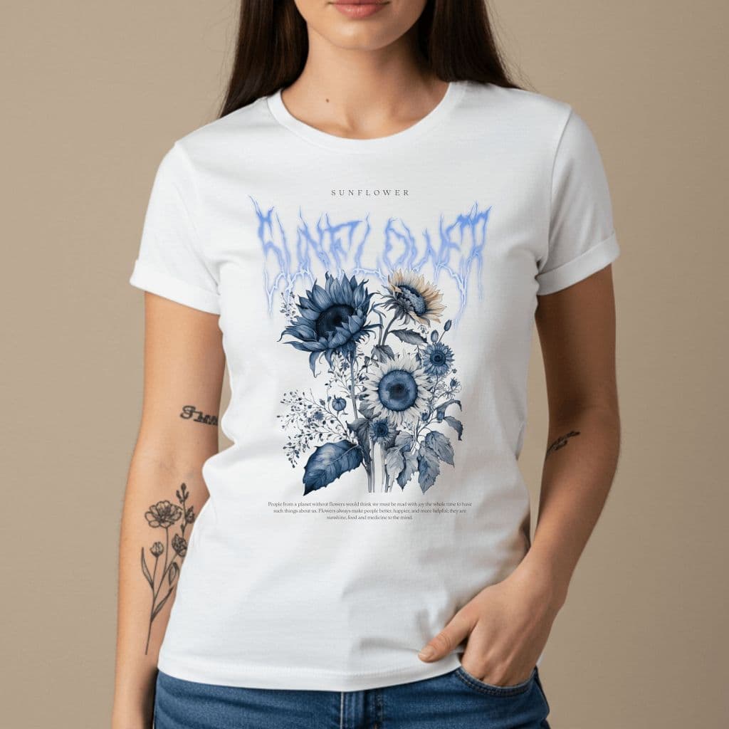 Camiseta Feminina Sunflower Estampa Flor Frase Positiva Oversized Algodão