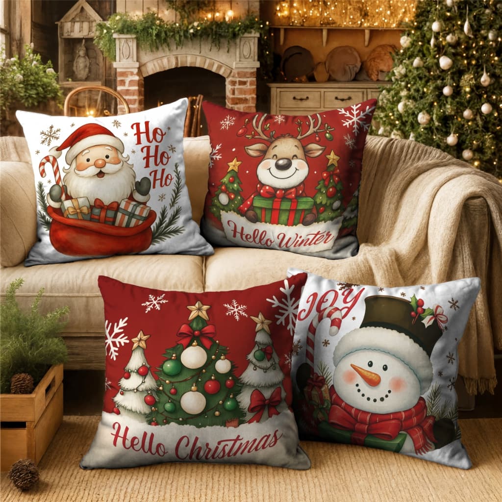 Kit 4 Capas Natalinas 45x45 - Almofadas com Estampa de Natal + Opções Cheias