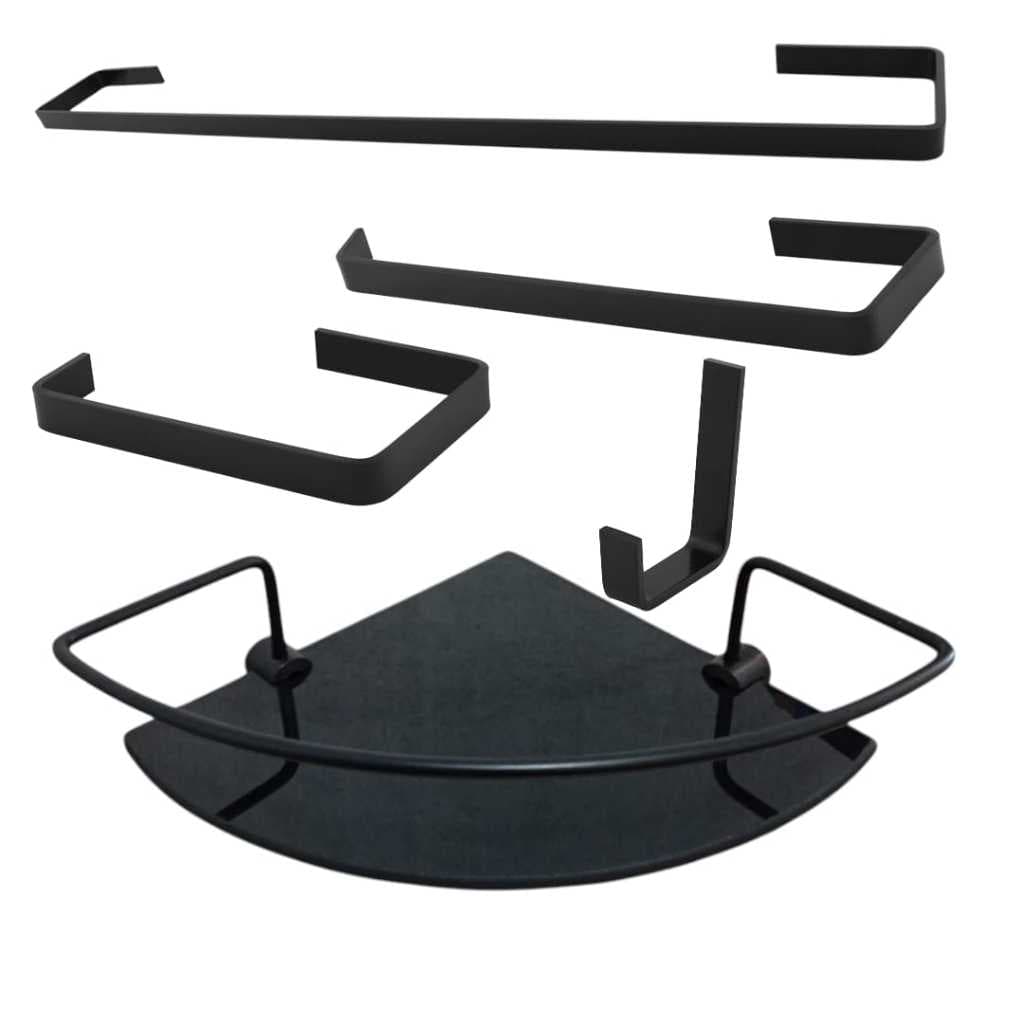 Kit Acessórios Para Banheiro Com 4 Peças E Porta Shampoo De Canto Com Vidro Preto Fosco Organizadores De Box