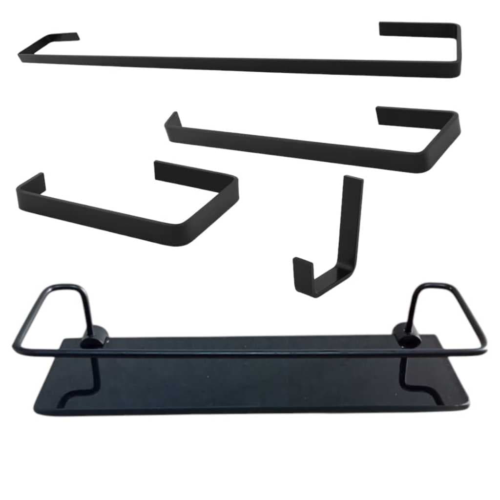Kit Acessórios Para Banheiro Com 4 Peças E Porta Shampoo Reto 10x30Cm Vidro Preto Fosco Organizadores De Box