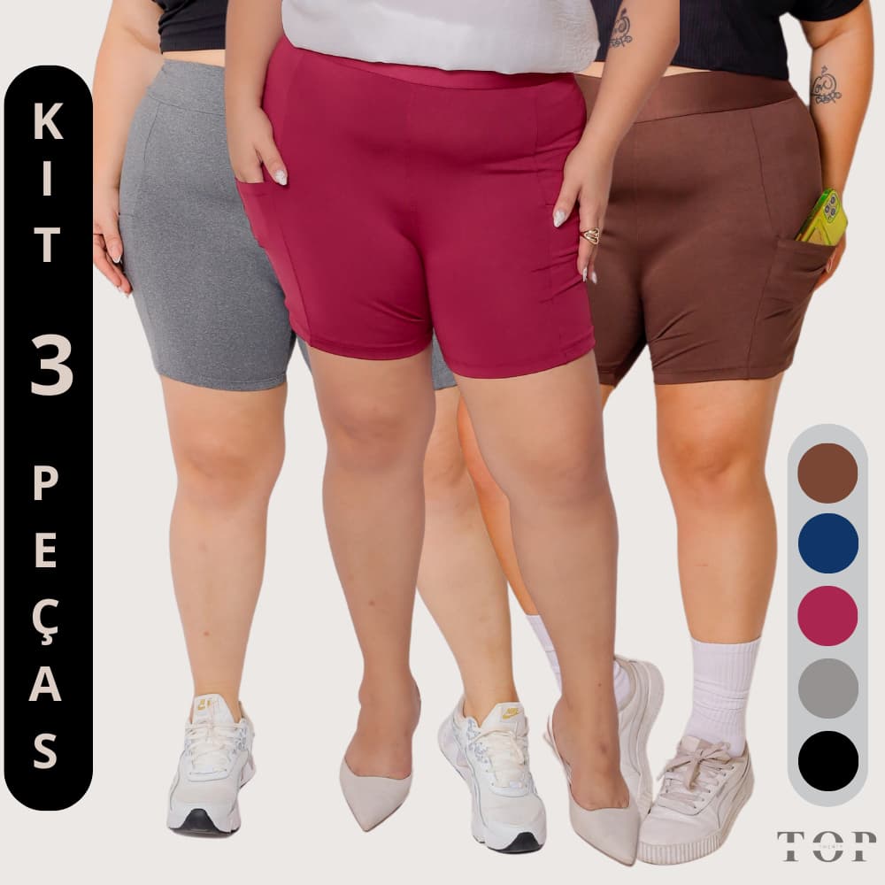 Kit 03 Shorts Plus Size Bermuda Academia Com Bolso Porta Celular Moda Plus Zero Transparencia