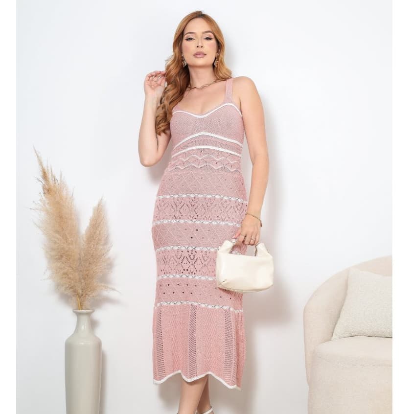 Vestido Feminino Tricot Listrado Rendado Casual Elegante Alça Forro Ponto Crochê Verão Midi Longo