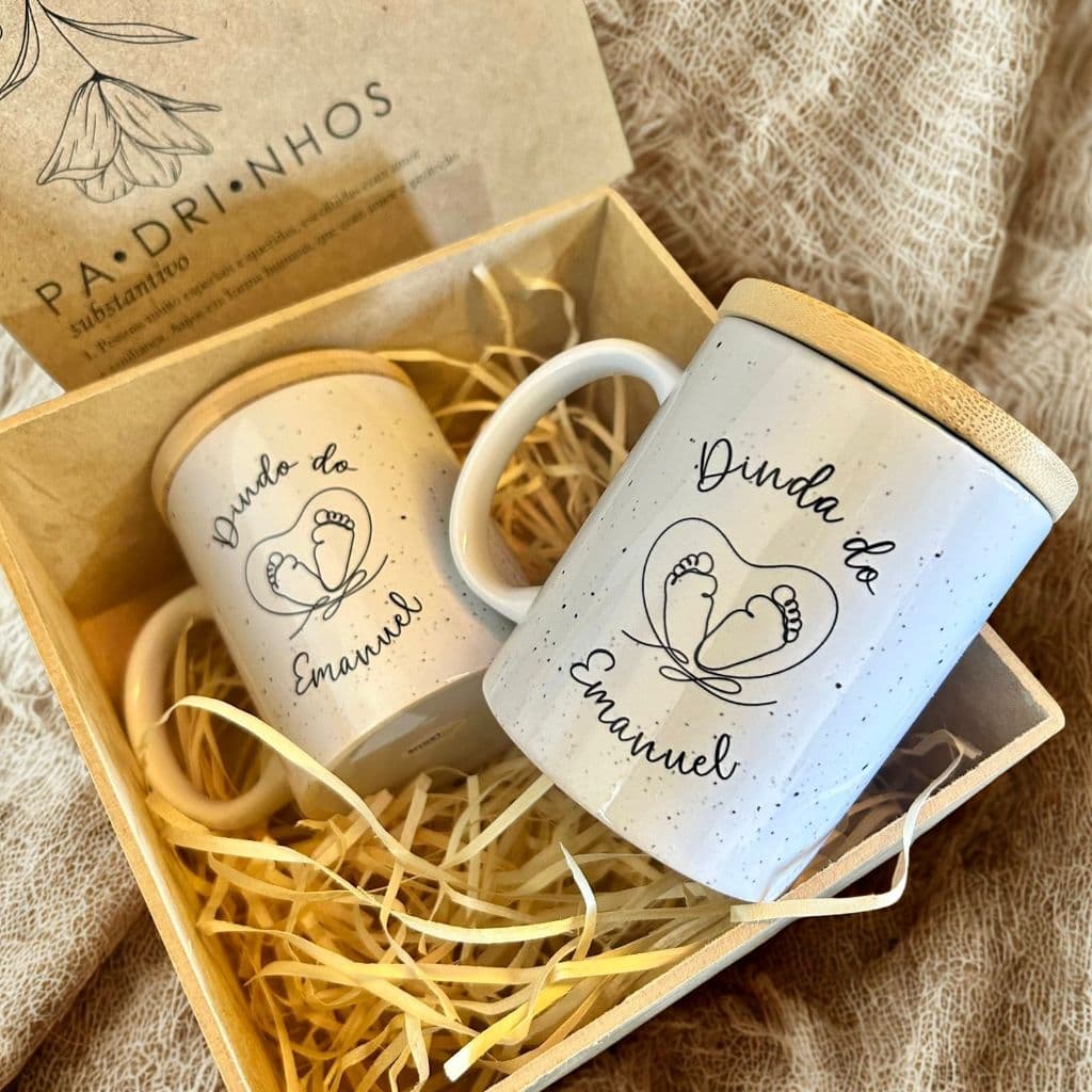 Kit Padrinhos Batizado Personalizado Com Canecas Luxo Com Tampa de Bambu Ou Sem Tampa