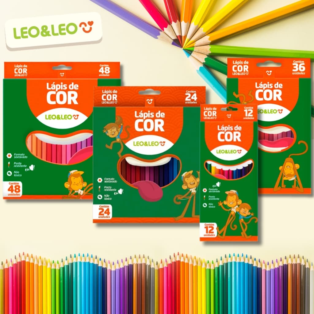 Lápis de Cor escolar Sextavado 24 36 48 Cores Leo&Leo