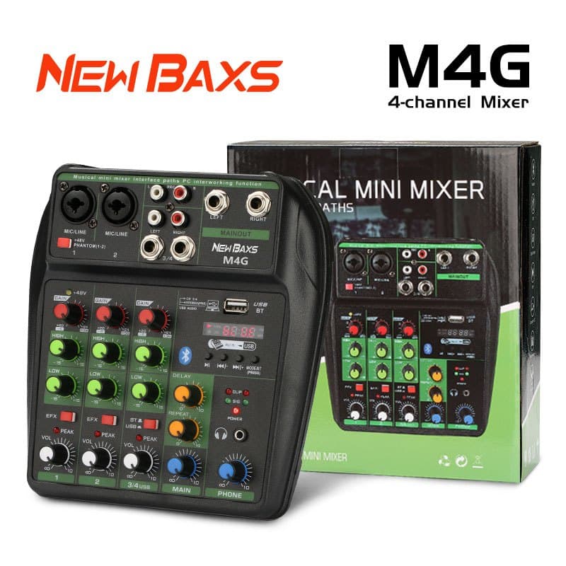 Mesa de Som NEW BAXS M4/M4G | 4 Canais | Bluetooth | Entrada USB | MP3 Player | Portátil para Karaokê e Eventos