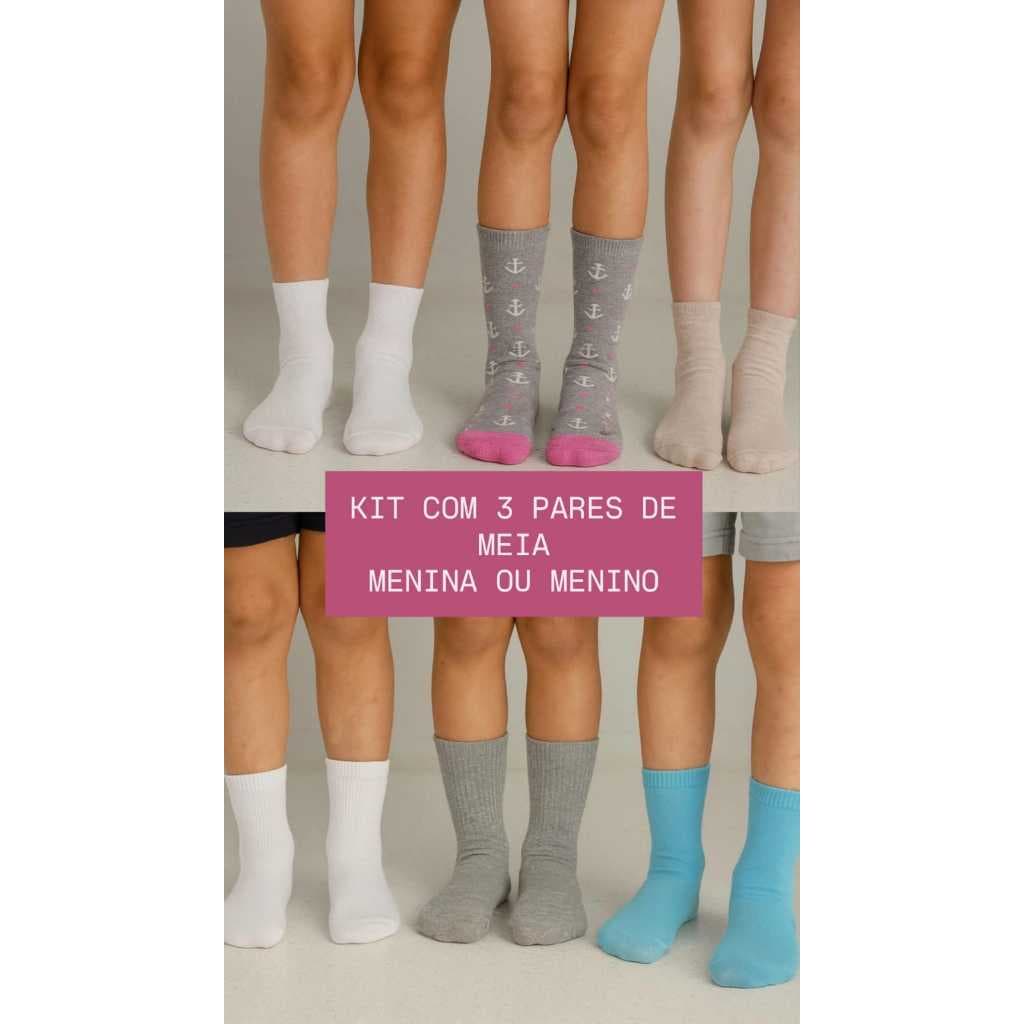 Kit de 3 pares de meia infantil menina ou menina sortidas cores de cano curto ao longo sortidos do 18 ao 33