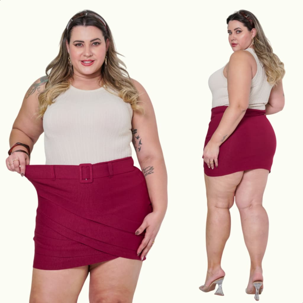 Shorts Saia Plus Size Alfaitaria Bengaline Cintura Alta Com Cinto Detalhes Em Prega Super Elegante