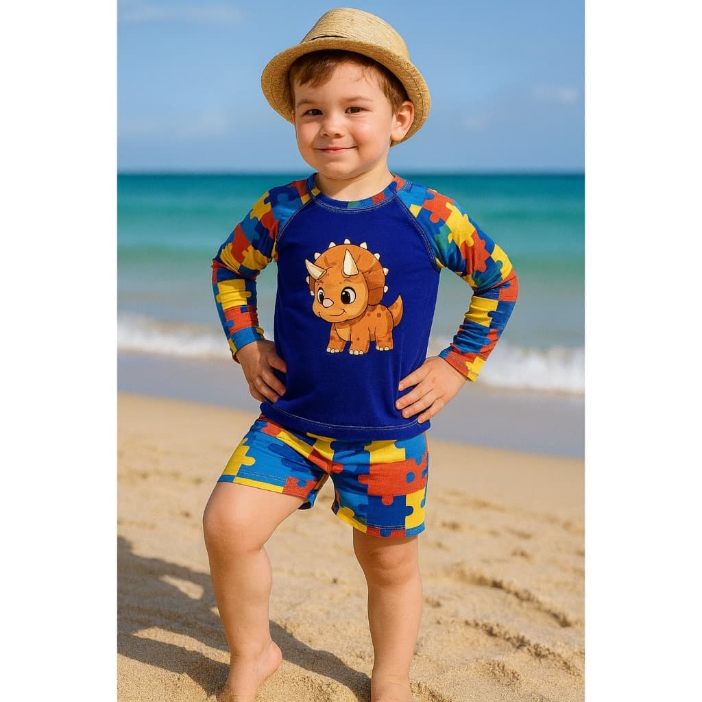 Conjunto UV50+ Autismo Infantil Masculino Personalizado em DTF de Alta Qualidade Blusa + Sunga