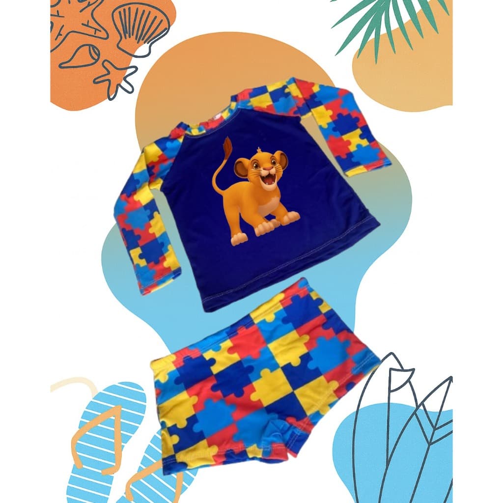 : Kit Completo UV50+ Autismo Menino Infantil Personalizado com Blusa Manga Longa e Sunga Confortável