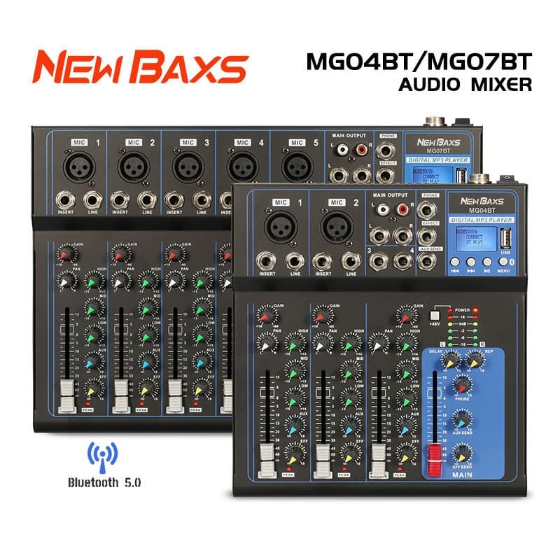 Mesa de Som NEW BAXS MG04BT (4 Canais) ou MG07BT (7 Canais) | Bluetooth | USB | MP3 Player | Efeitos DSP | Perfeita para