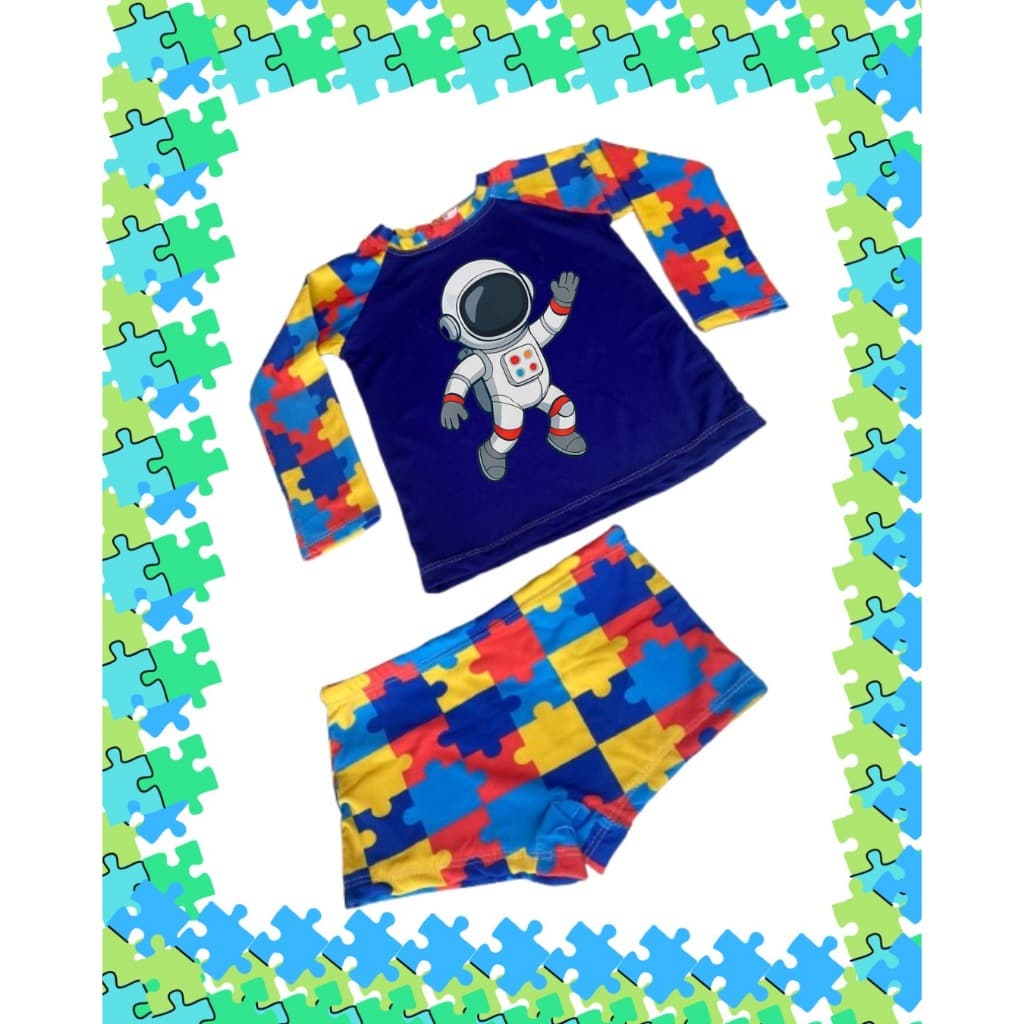 Conjunto UV50+ Exclusivo para Meninos com Autismo Infantil Personalizado em DTF com Blusa e Sunga