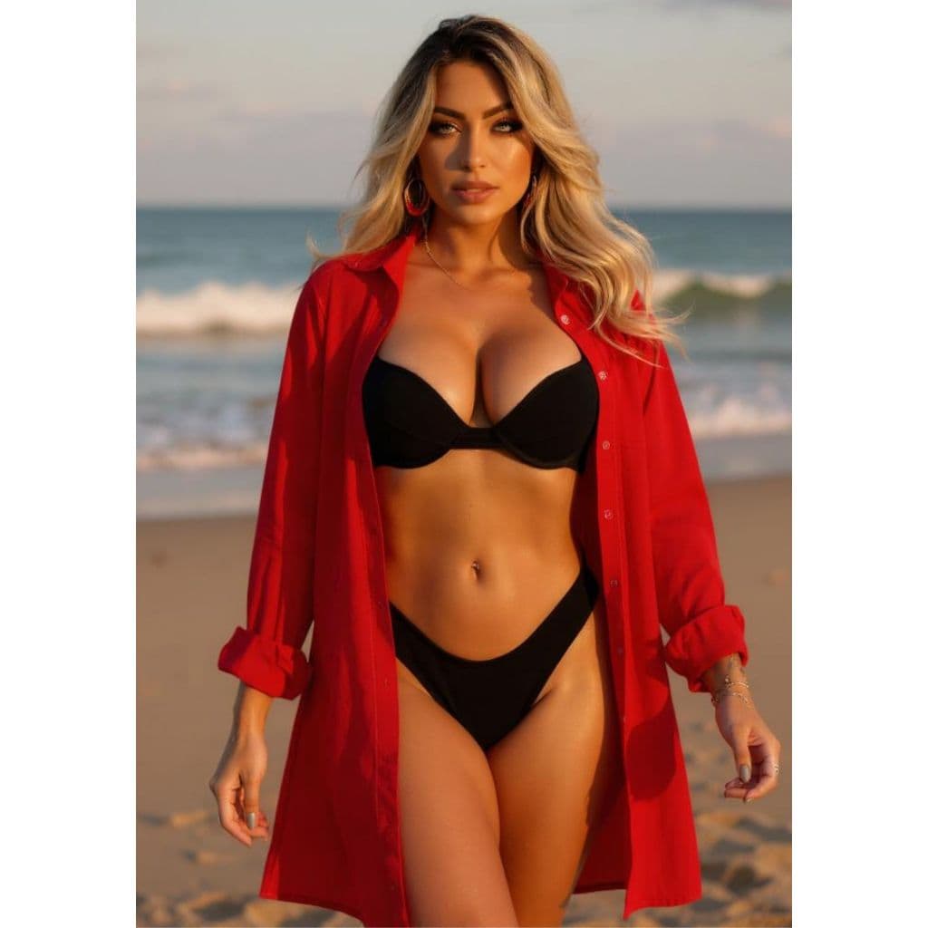 Saida De Praia Beachwear Feminina Camisão de Manga Longa Com Botão e Bolso