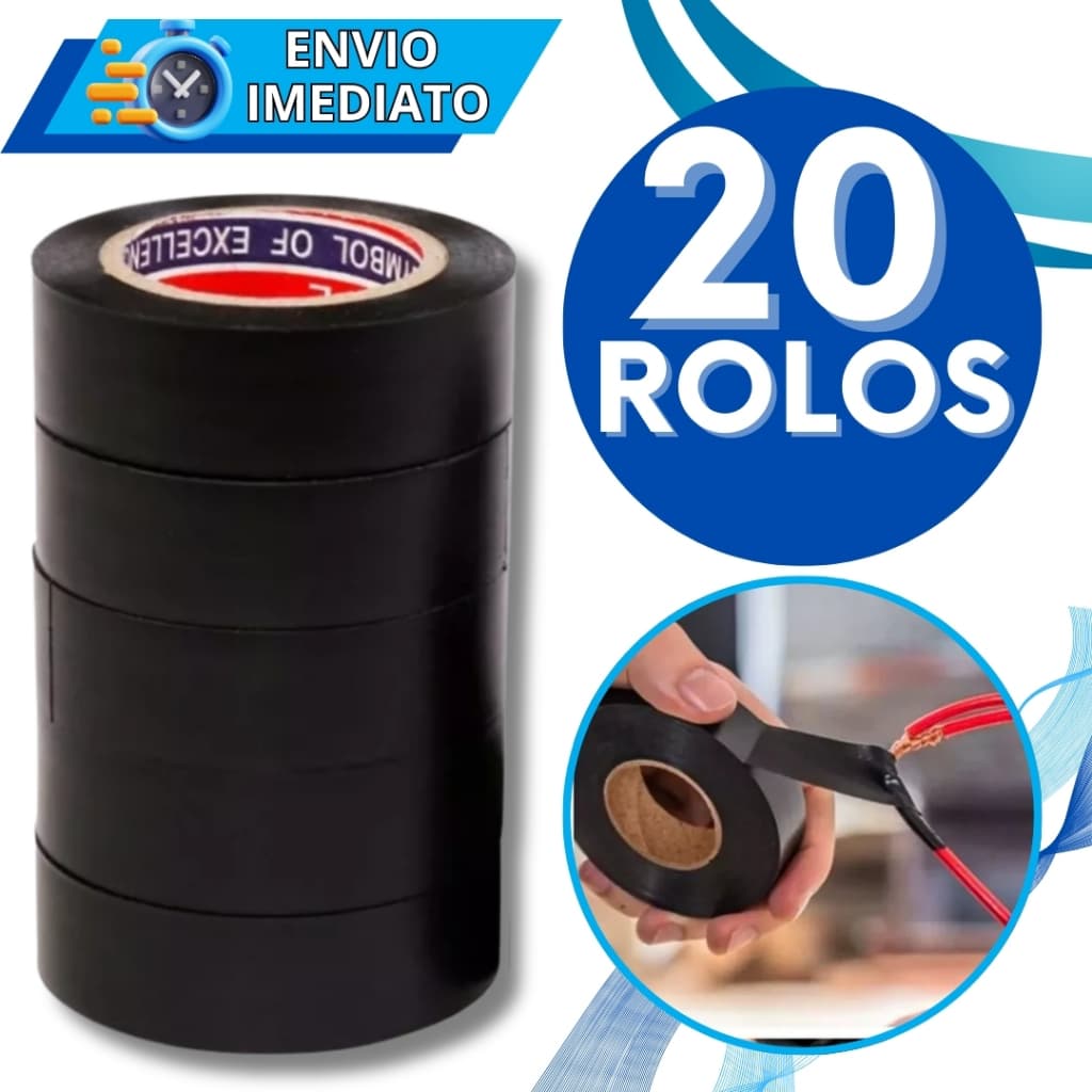 KIT Jogo 20 Fitas Isolante Antichama em PVC Preta Para Eletricista Fios Cabos Elétricos Uso Geral Domestico e Industrial