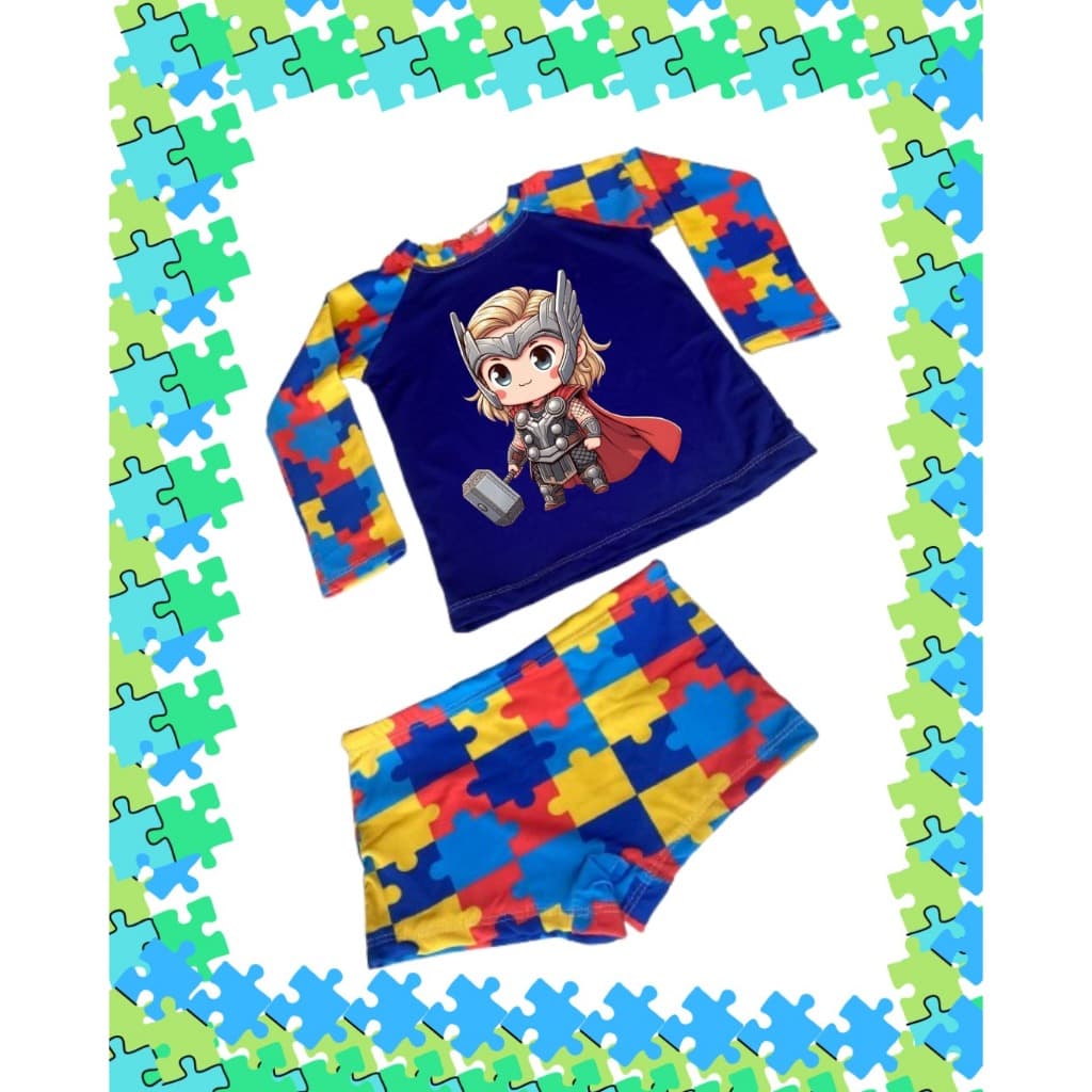Conjunto UV50+ Personalizado em DTF para Meninos com Autismo Infantil Blusa Manga Longa + Sunga