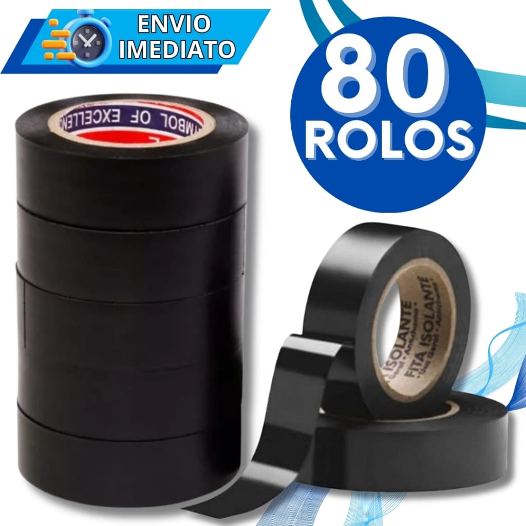 KIT Jogo 80 Fitas Isolante Antichama em PVC Preta Para Eletricista Fios Cabos Elétricos Uso Geral Domestico e Industrial