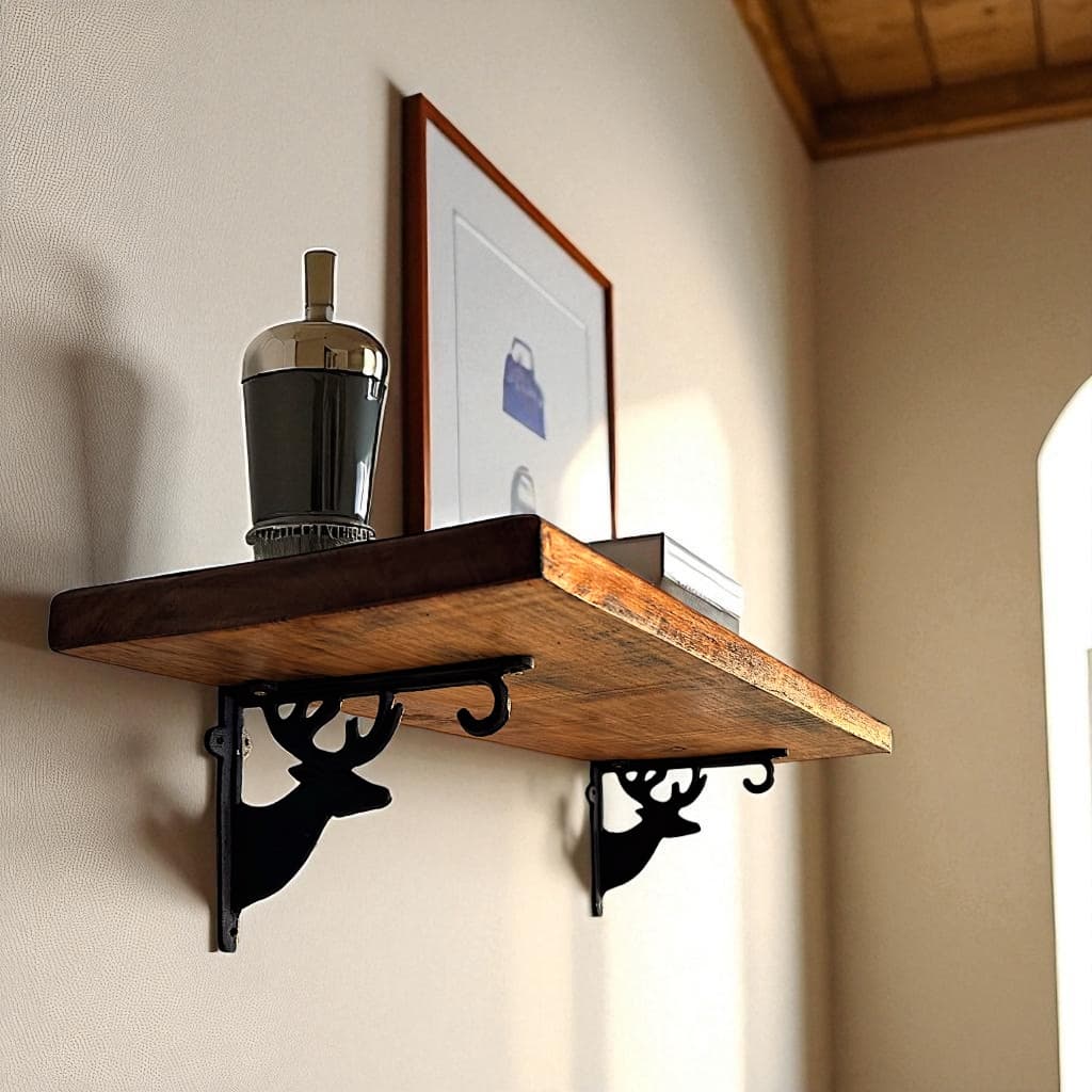 Prateleira Rustica De Madeira Maciça 80x30cm Com Suporte Alce Metal Decoração Casa Cozinha Sala