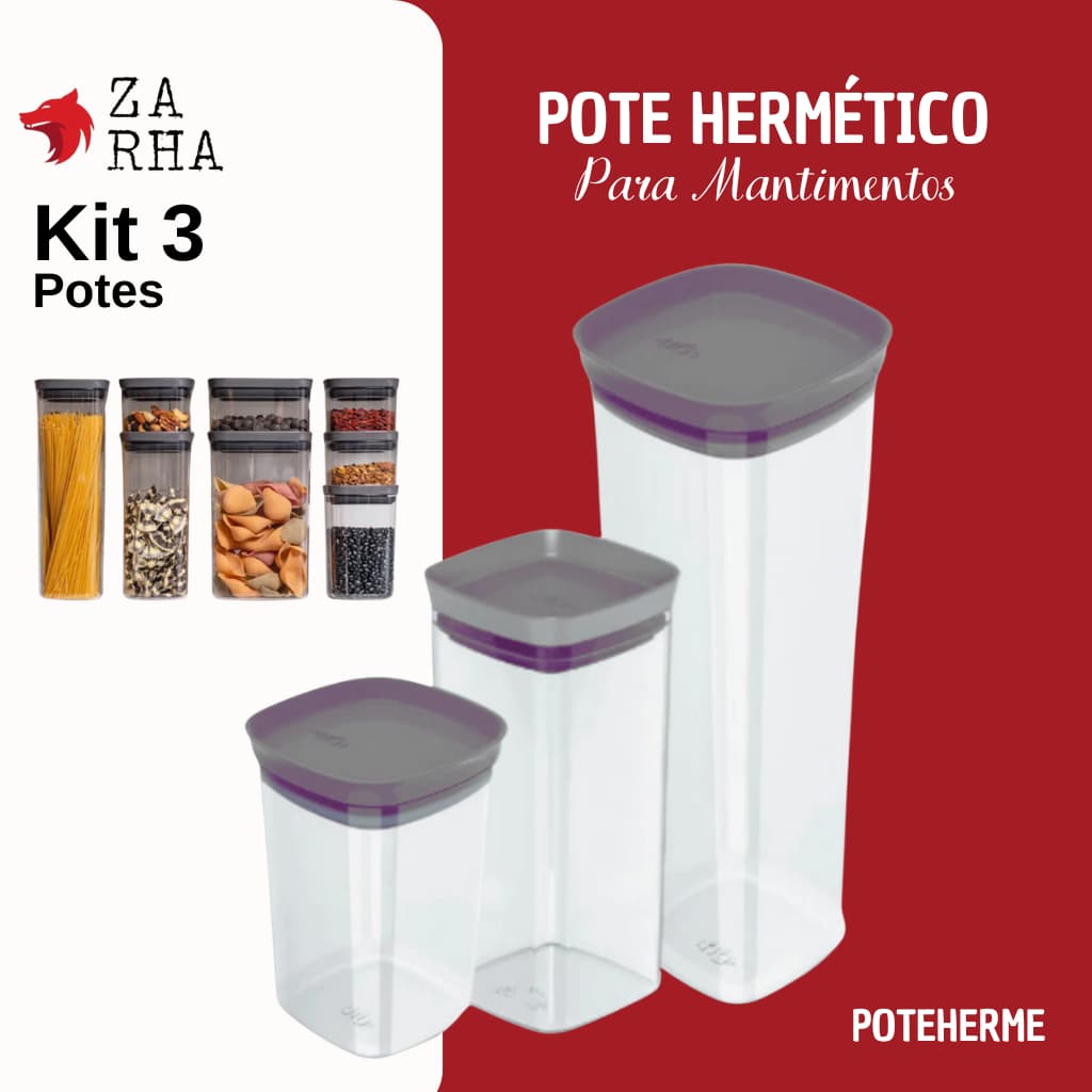 Kit Pote Mantimento Hermético 3 Peças Organizador Cozinha Acrílico Quadrado Vasilha Mantimento