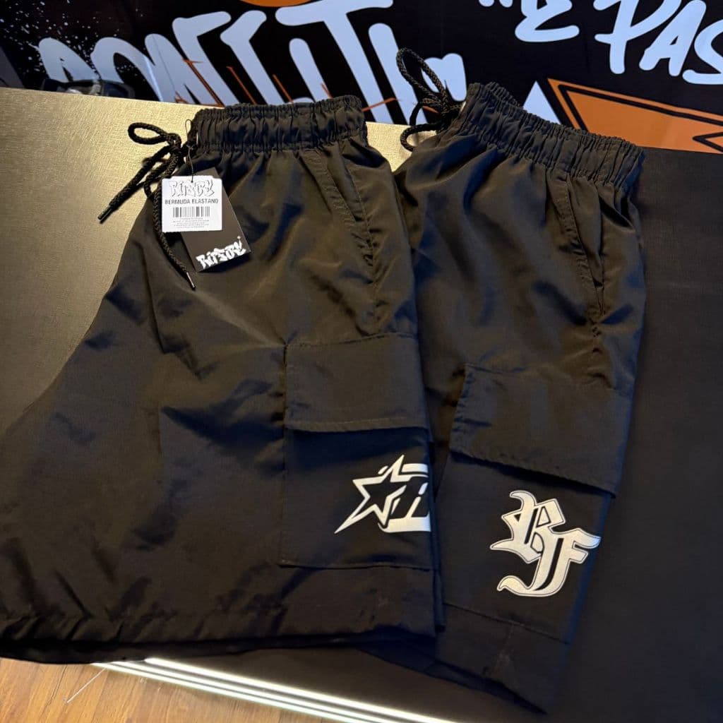 Kit 2 Bermuda Cargo Masculina RF Estrela Refletivo Short Bolsos Laterais Tactel Elastano Streetwear