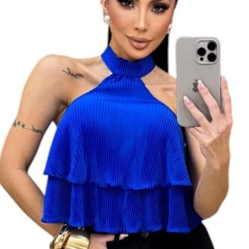 Blusa Feminina,Frente Única Gola Alta Moda En Croped na Malha Plissadas  Moda Social e Casual blackfriday*